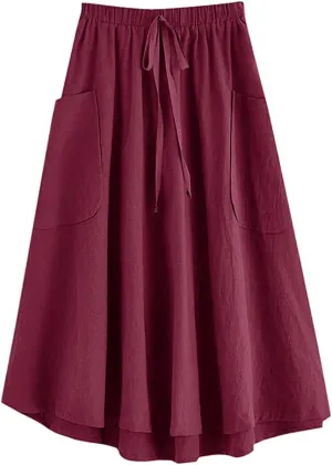 Women's Casual High Elastic Waist Solid Color A-Line Pleated Skirts Fall Spring Midi Skirt with Pocket