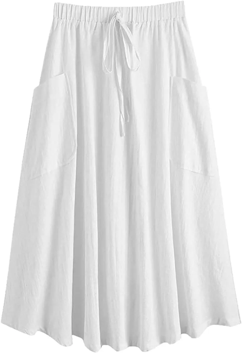 Women's Casual High Elastic Waist Solid Color A-Line Pleated Skirts Fall Spring Midi Skirt with Pocket