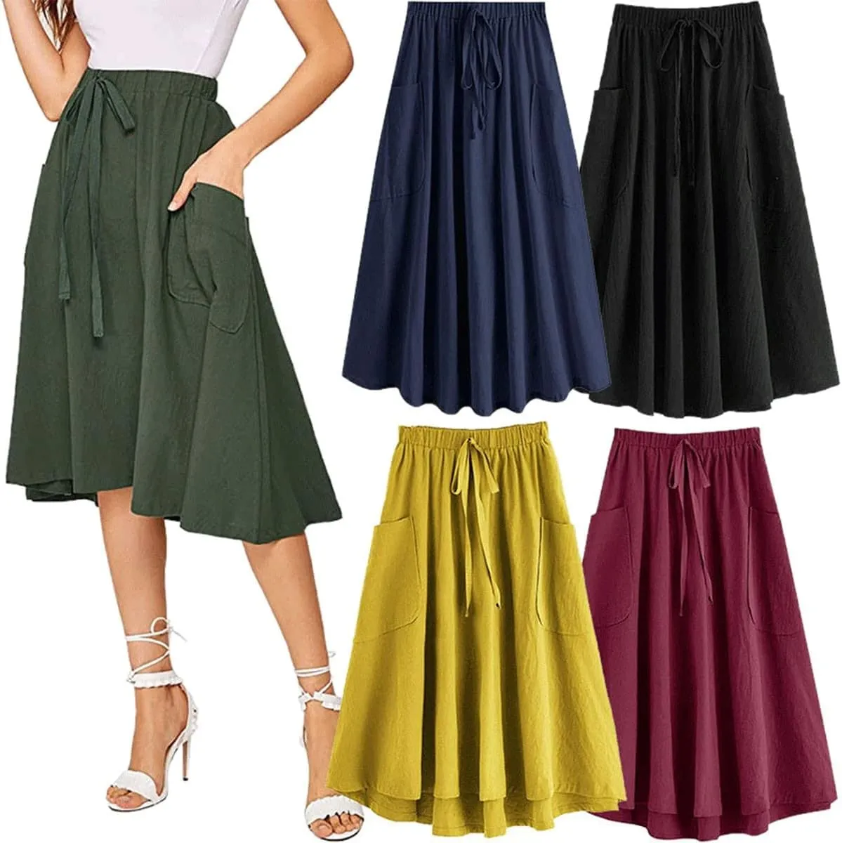 Women's Casual High Elastic Waist Solid Color A-Line Pleated Skirts Fall Spring Midi Skirt with Pocket