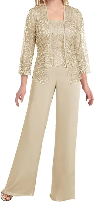 Women's Chiffon Lace Mother of The Bride Pants Suits 3 Pieces Evening Formal Dress Outfit Prom Wedding Party Gowns