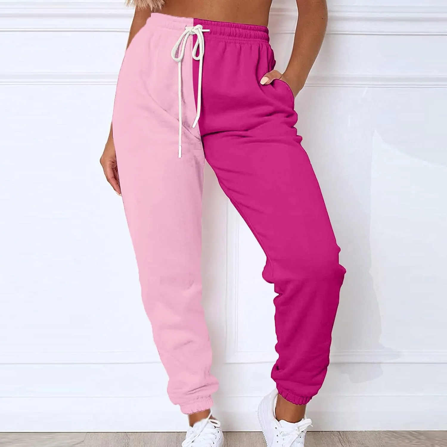 Women's Color Block Sweatpants Patchwork Trouser Elastic High Waist Joggers Baggy Pants with Multi-Pockets