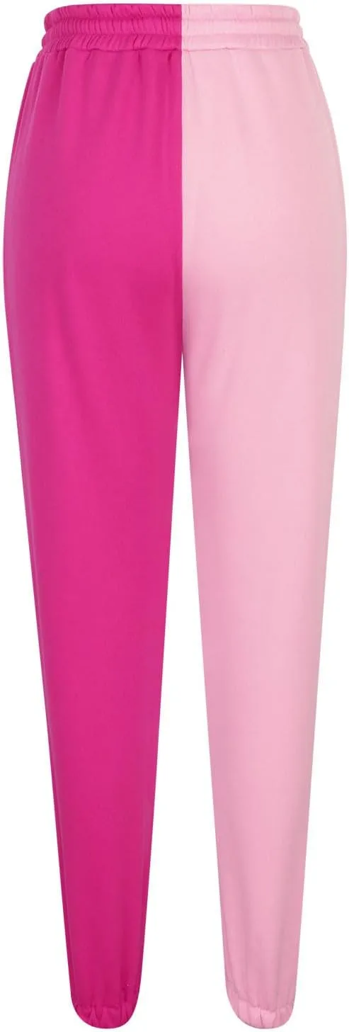 Women's Color Block Sweatpants Patchwork Trouser Elastic High Waist Joggers Baggy Pants with Multi-Pockets