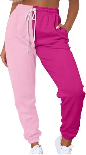 Women's Color Block Sweatpants Patchwork Trouser Elastic High Waist Joggers Baggy Pants with Multi-Pockets