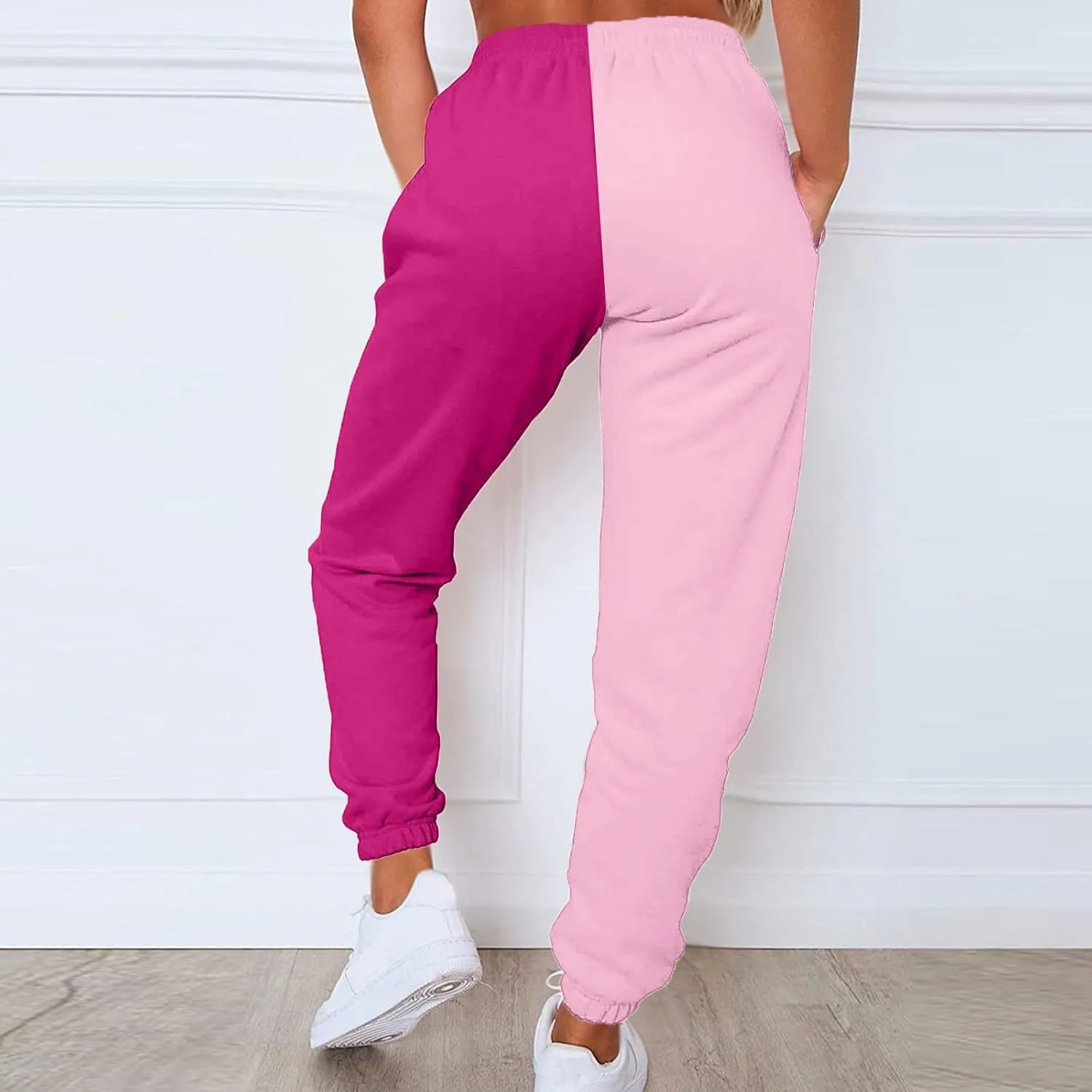 Women's Color Block Sweatpants Patchwork Trouser Elastic High Waist Joggers Baggy Pants with Multi-Pockets