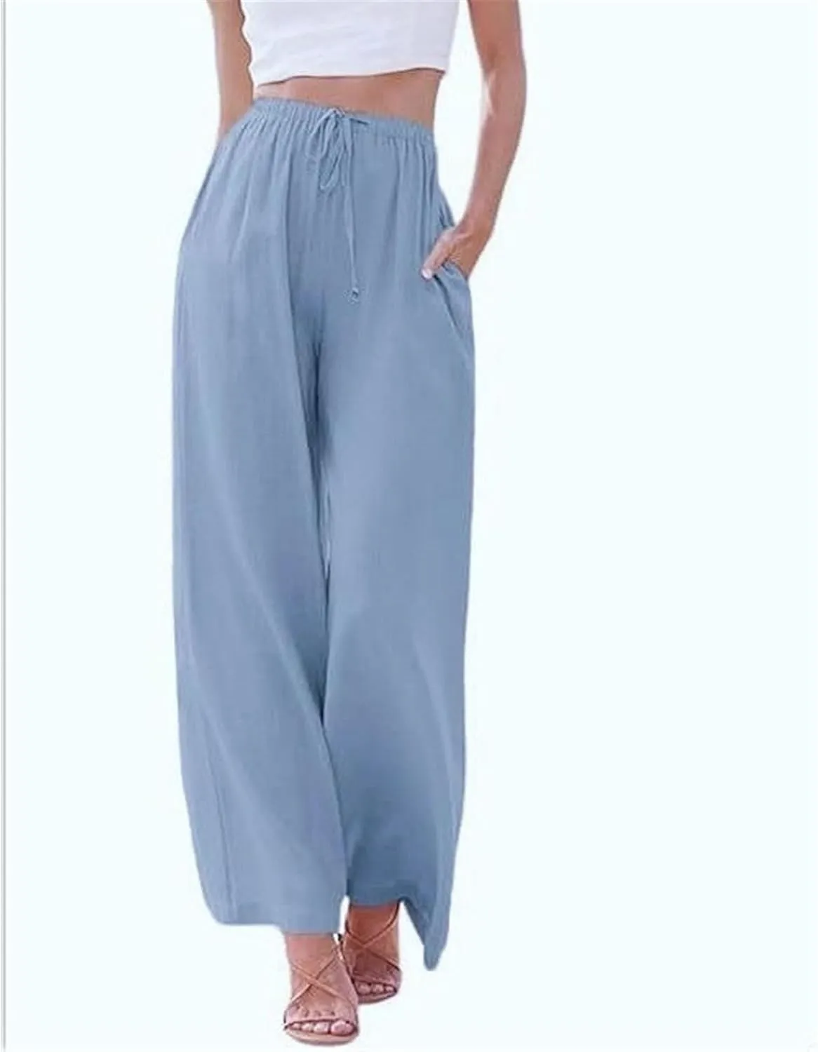 Women's Cotton Linen Summer Pants Flowy Wide Leg Beach Trousers