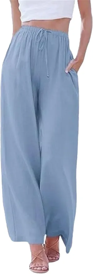 Women's Cotton Linen Summer Pants Flowy Wide Leg Beach Trousers