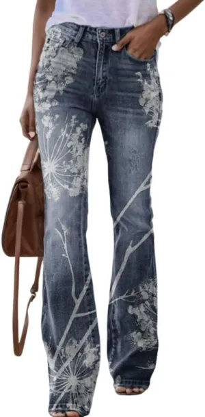Womens Denim Printed Floral Graphic Elastic Waist Palazzo Pants Casual Loose Wide Leg Zipper Trousers with 2 Pockets