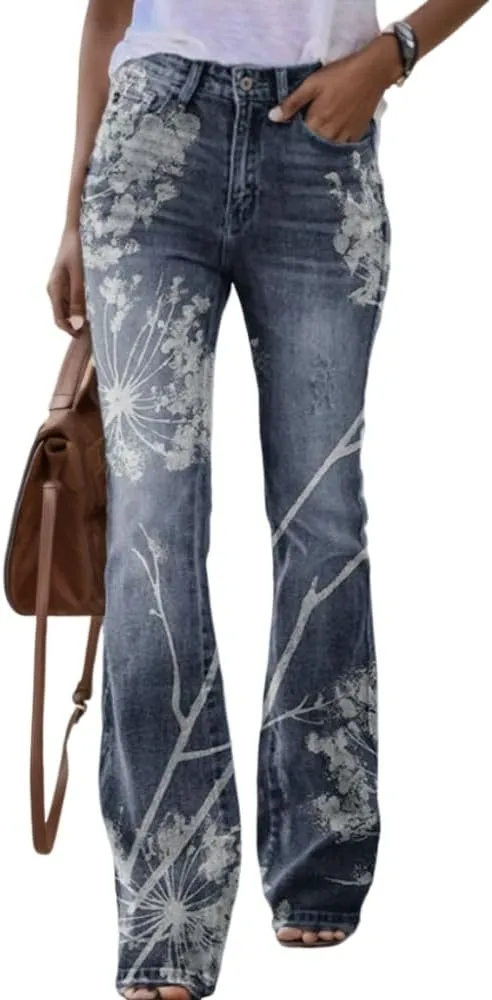 Womens Denim Printed Floral Graphic Elastic Waist Palazzo Pants Casual Loose Wide Leg Zipper Trousers with 2 Pockets