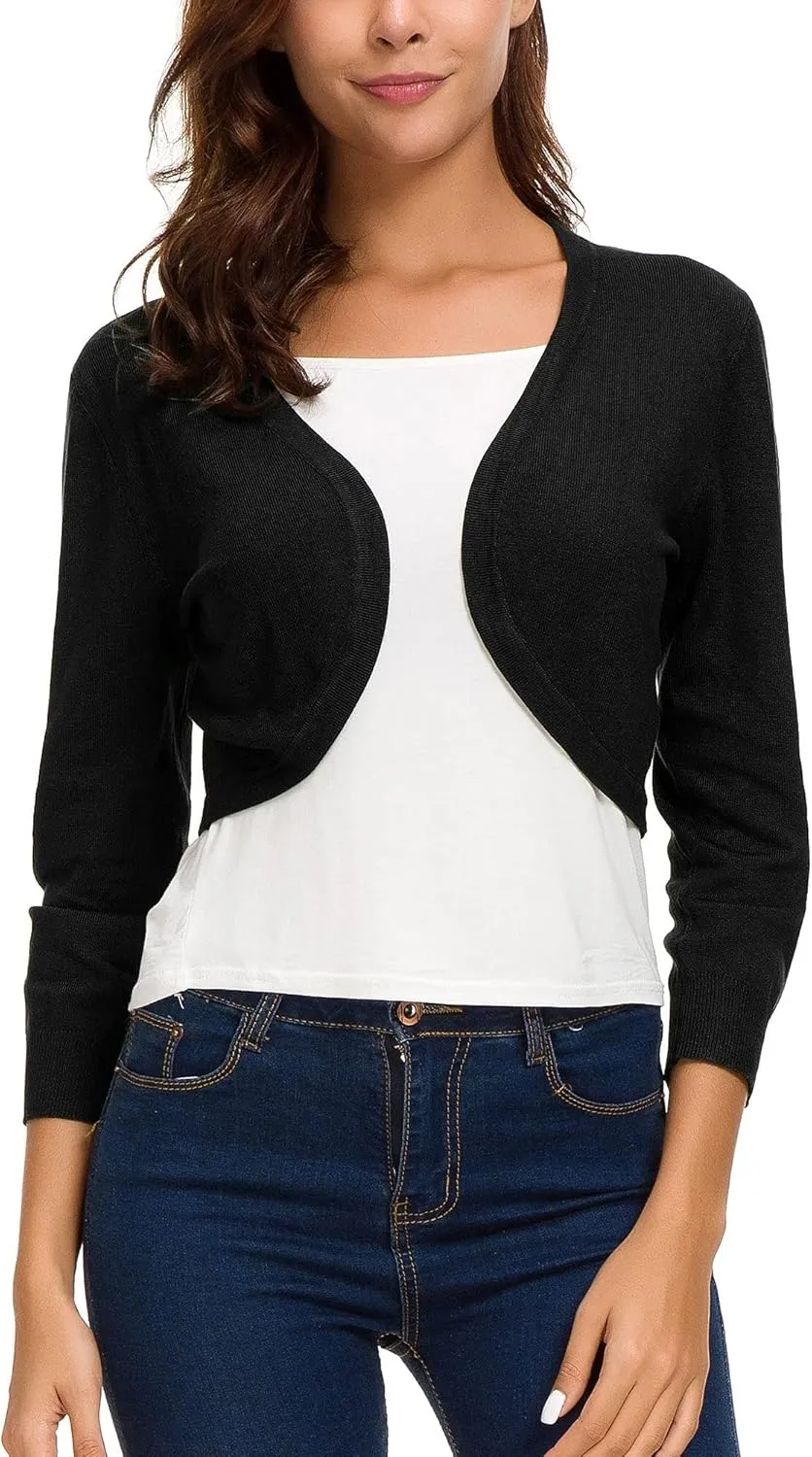 Women's Lightweight Knit Cropped Cardigan 3/4 Sleeve V-Neck Open Front Bolero Shrug for Dresses and Casual Wear