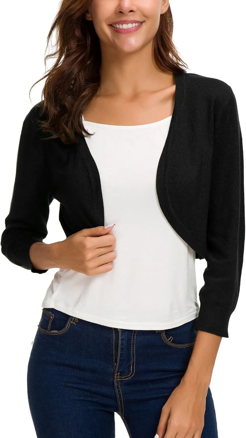 Women's Lightweight Knit Cropped Cardigan 3/4 Sleeve V-Neck Open Front Bolero Shrug for Dresses and Casual Wear