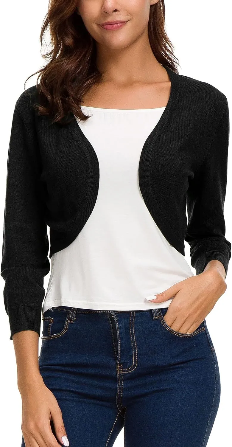 Women's Lightweight Knit Cropped Cardigan 3/4 Sleeve V-Neck Open Front Bolero Shrug for Dresses and Casual Wear