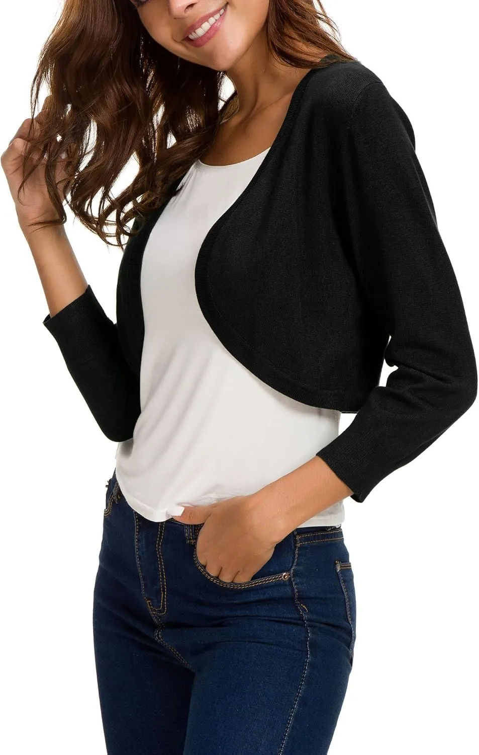 Women's Lightweight Knit Cropped Cardigan 3/4 Sleeve V-Neck Open Front Bolero Shrug for Dresses and Casual Wear