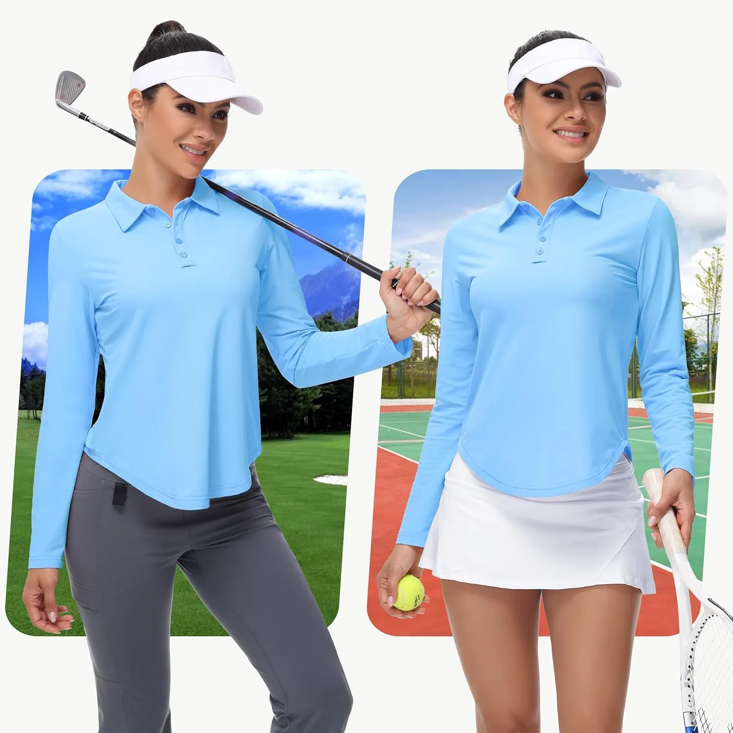 Women's Long Sleeve Golf Shirt Collared Polo Sun Protection Quick Dry Workout Athletic Running Tennis Hiking Lightweight Tops