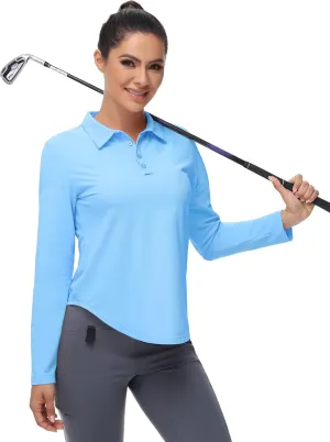Women's Long Sleeve Golf Shirt Collared Polo Sun Protection Quick Dry Workout Athletic Running Tennis Hiking Lightweight Tops