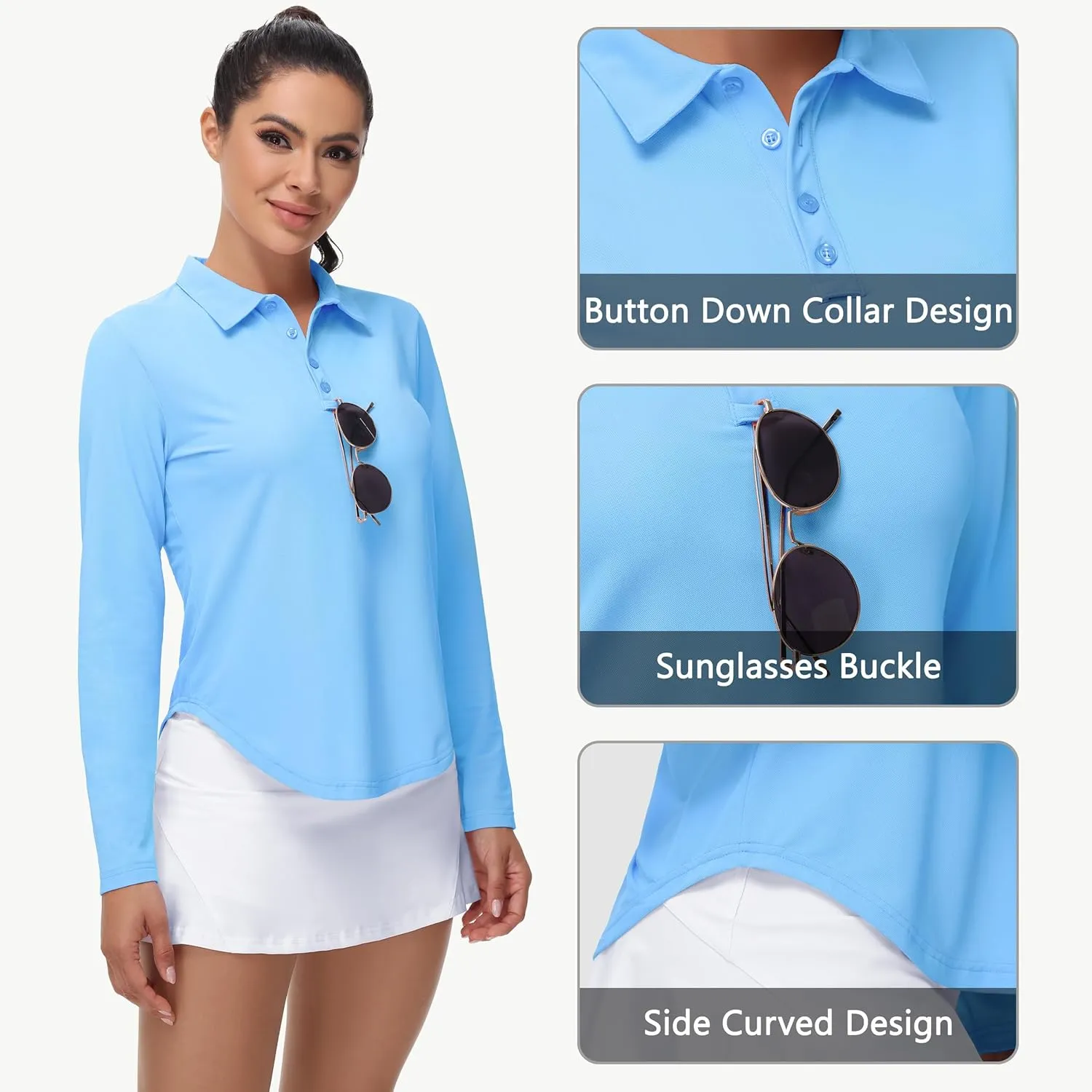 Women's Long Sleeve Golf Shirt Collared Polo Sun Protection Quick Dry Workout Athletic Running Tennis Hiking Lightweight Tops