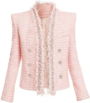 Women's Long Sleeve Plaid Tweed Open Front Cropped Jacket Work Office Pink White Fringes Blazer Coat