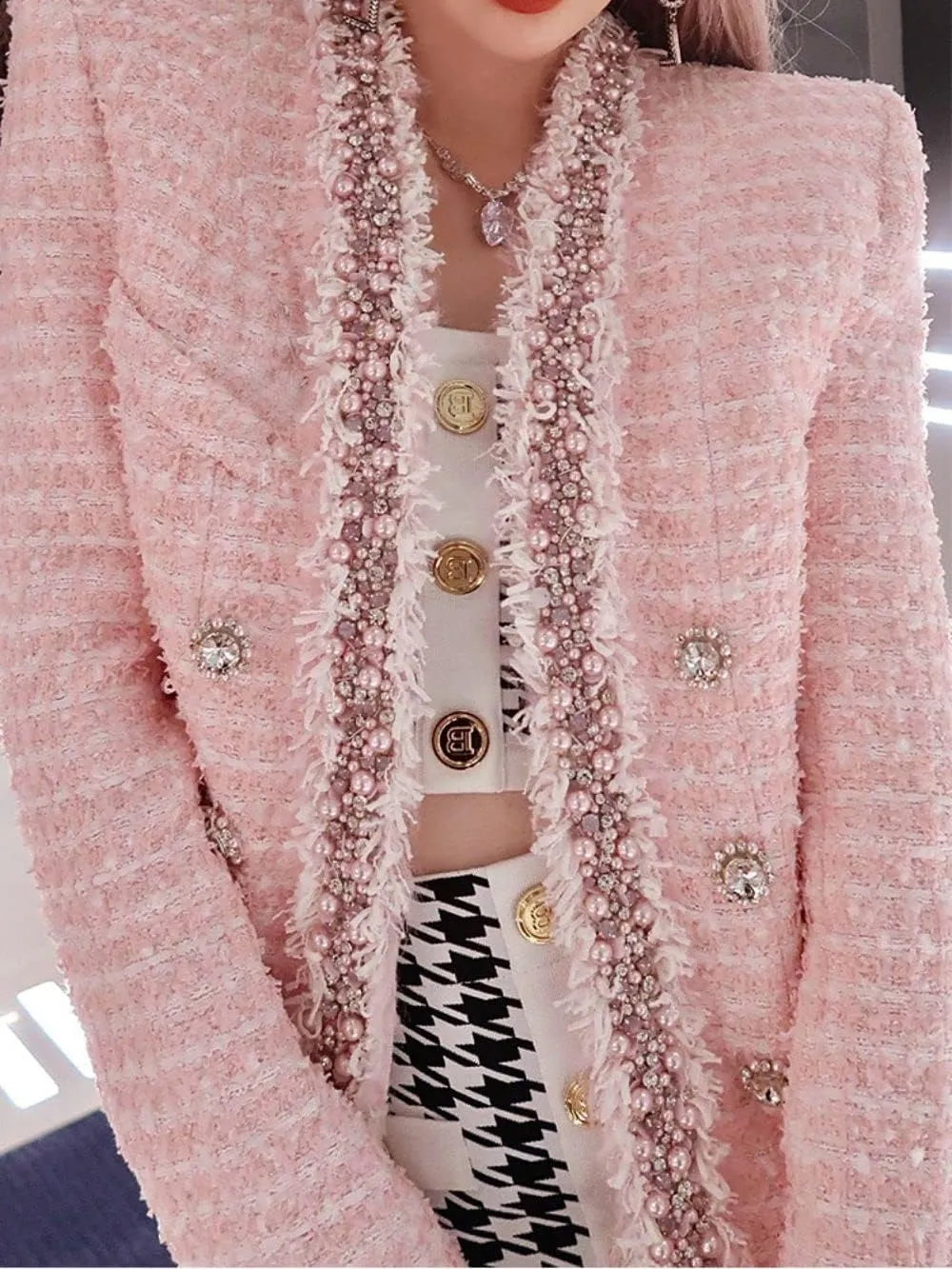 Women's Long Sleeve Plaid Tweed Open Front Cropped Jacket Work Office Pink White Fringes Blazer Coat