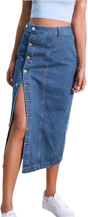 Women's Pencil Jean Skirt High Waisted A-Line Skirts Ins Button Down Side Split Hem Stretch Skirt
