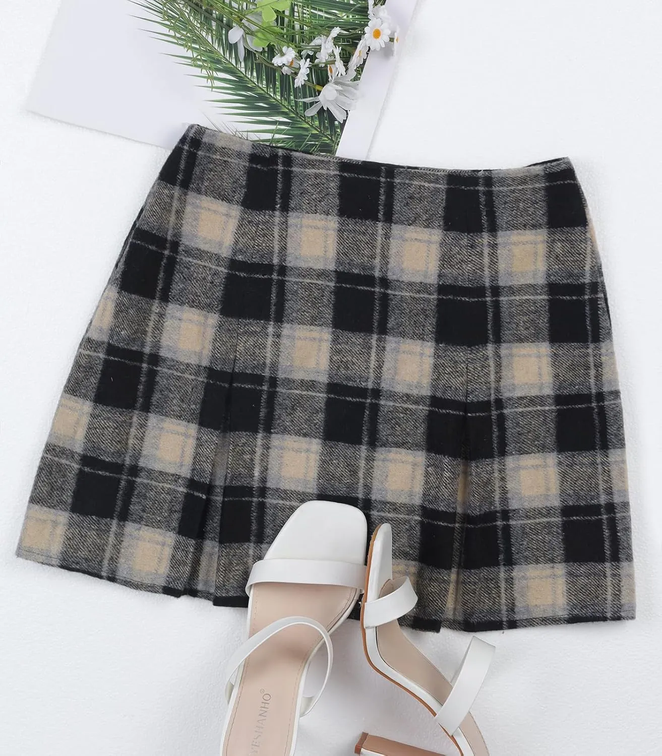 Women's Plaid Mini Skirt Zipper Side High Waisted Pleated A Line Short Skirt