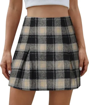Women's Plaid Mini Skirt Zipper Side High Waisted Pleated A Line Short Skirt