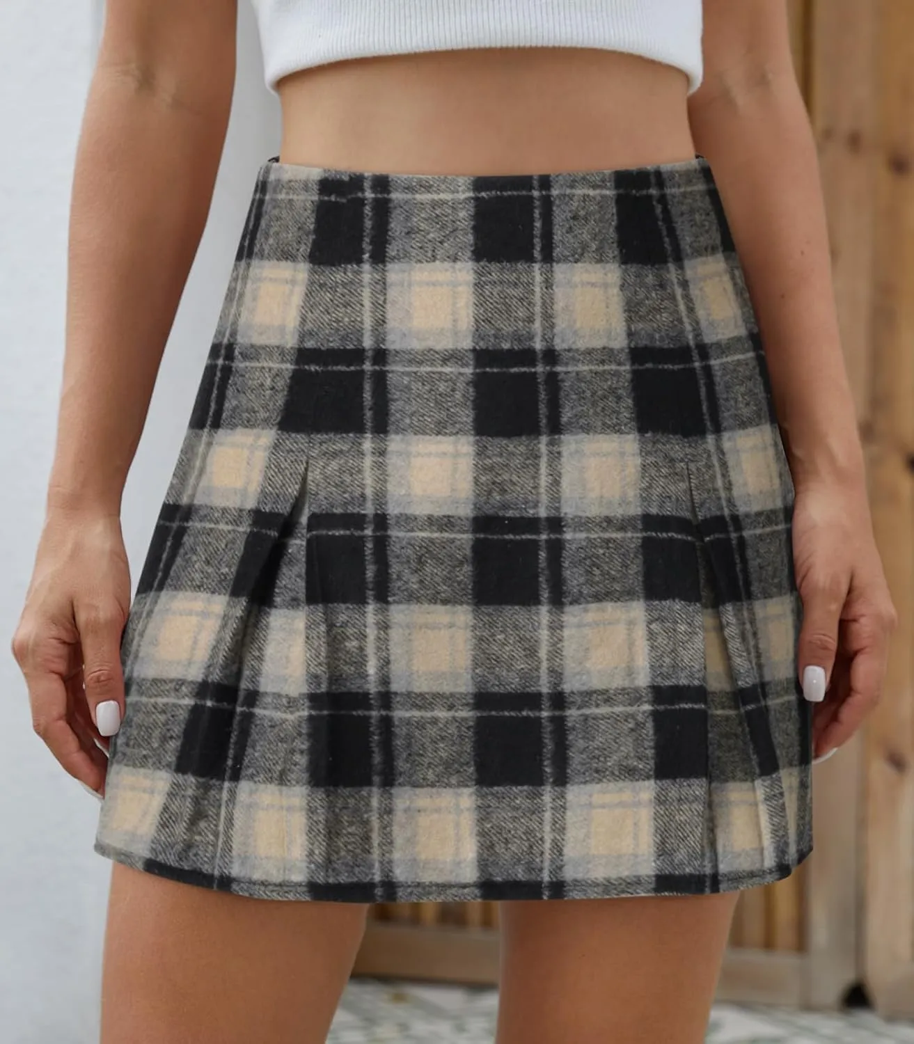 Women's Plaid Mini Skirt Zipper Side High Waisted Pleated A Line Short Skirt