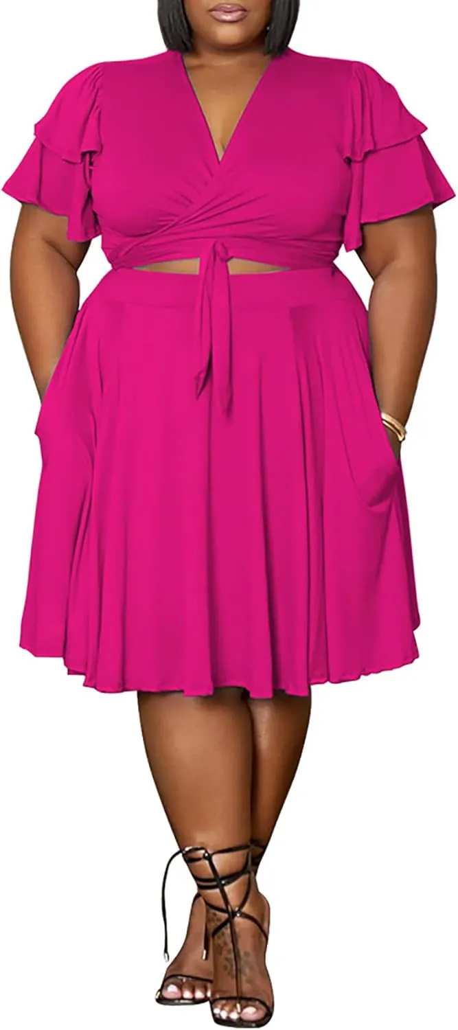 Womens Plus Size 2 Piece Dress Outfits Sexy Short Sleeve Bandage Wrap Empire Crop Tops and Swing Midi Sets