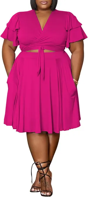 Womens Plus Size 2 Piece Dress Outfits Sexy Short Sleeve Bandage Wrap Empire Crop Tops and Swing Midi Sets