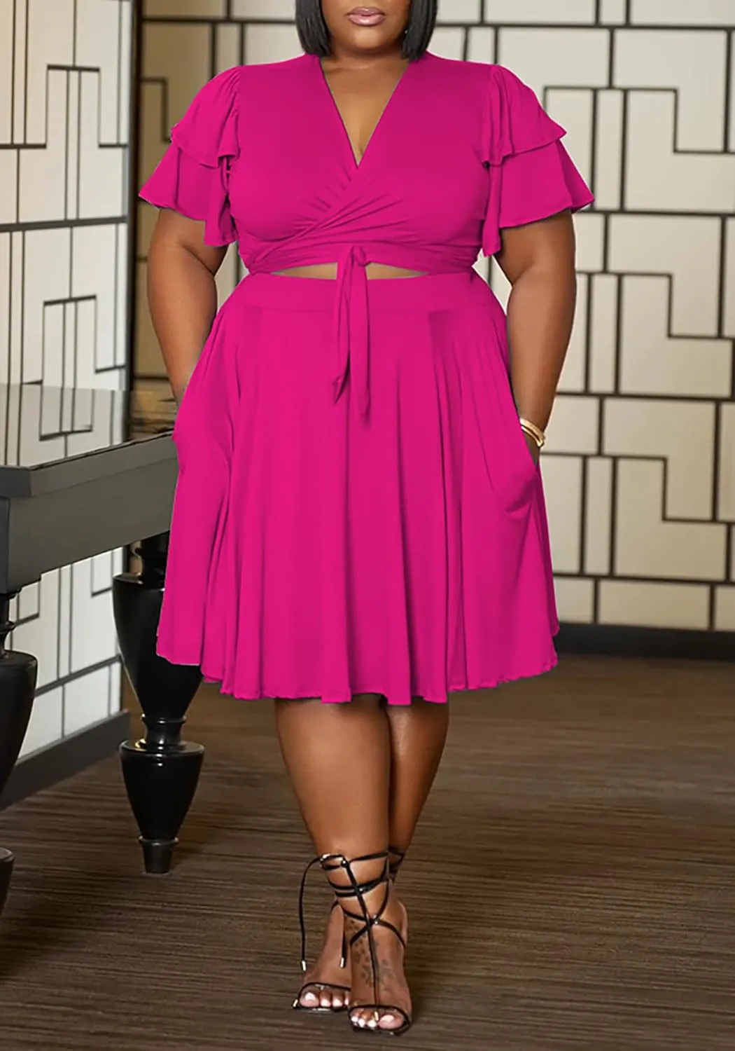 Womens Plus Size 2 Piece Dress Outfits Sexy Short Sleeve Bandage Wrap Empire Crop Tops and Swing Midi Sets