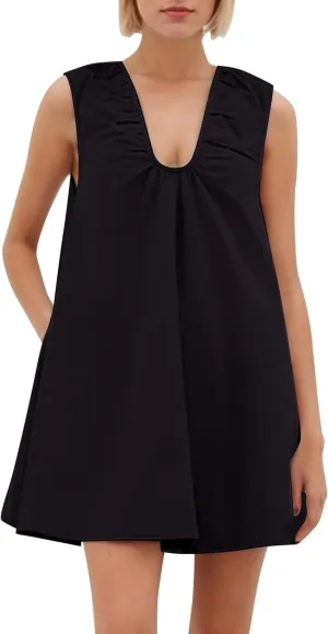 Womens Preppy Babydoll Tank Mini Dress Scoop Neck Short Sundress Loose Ruched U Neck Summer Party Dresse with Pockets