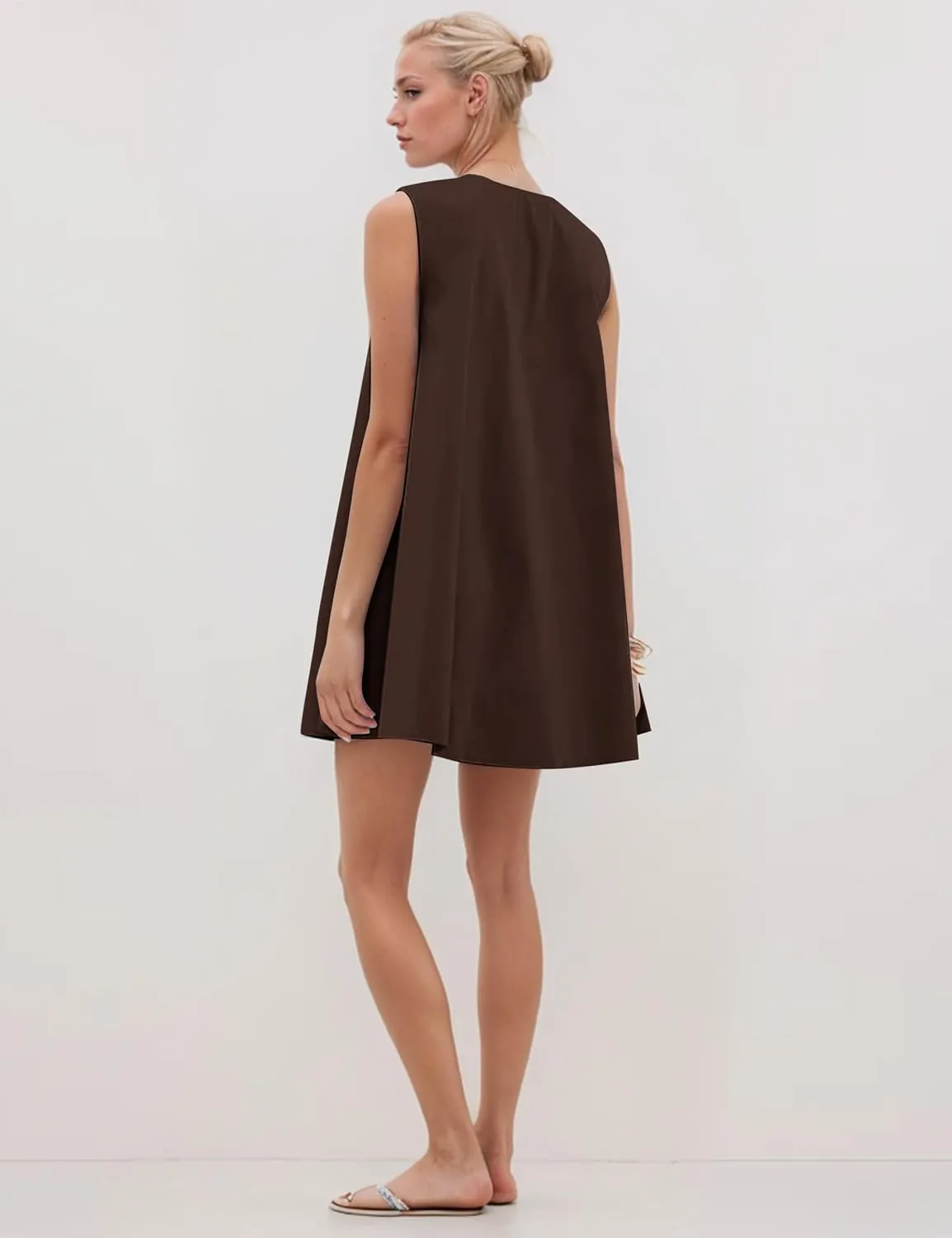 Womens Preppy Babydoll Tank Mini Dress Scoop Neck Short Sundress Loose Ruched U Neck Summer Party Dresse with Pockets