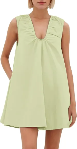 Womens Preppy Babydoll Tank Mini Dress Scoop Neck Short Sundress Loose Ruched U Neck Summer Party Dresse with Pockets