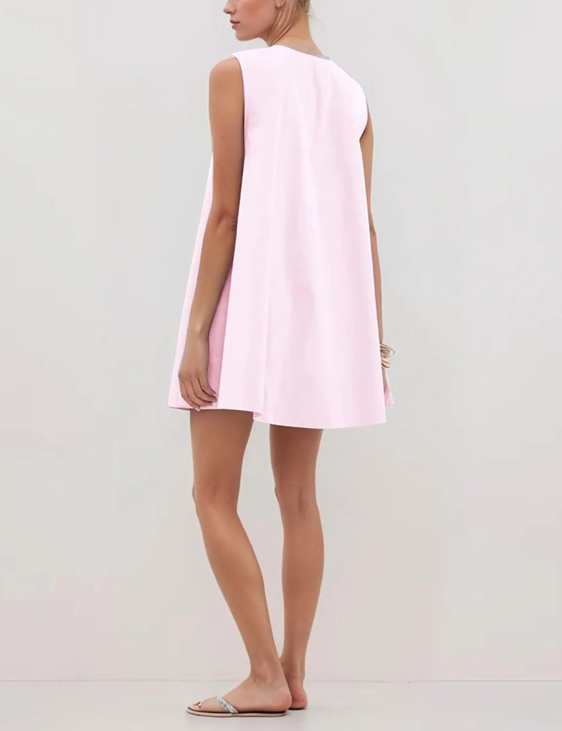 Womens Preppy Babydoll Tank Mini Dress Scoop Neck Short Sundress Loose Ruched U Neck Summer Party Dresse with Pockets