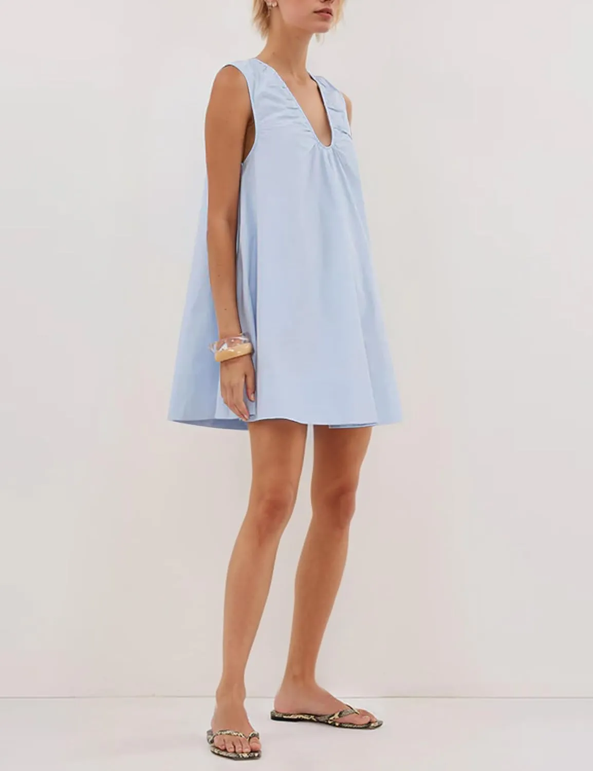 Womens Preppy Babydoll Tank Mini Dress Scoop Neck Short Sundress Loose Ruched U Neck Summer Party Dresse with Pockets