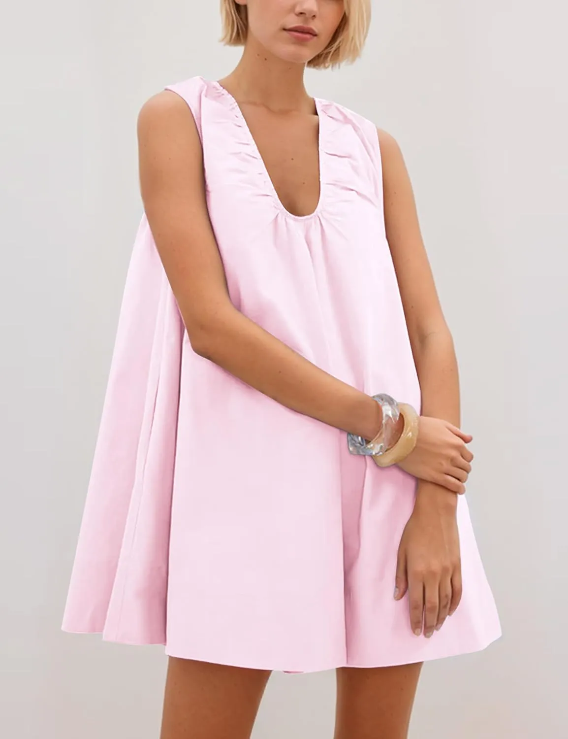 Womens Preppy Babydoll Tank Mini Dress Scoop Neck Short Sundress Loose Ruched U Neck Summer Party Dresse with Pockets