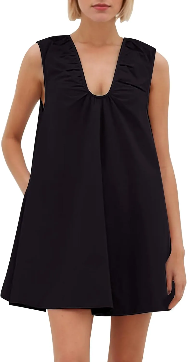 Womens Preppy Babydoll Tank Mini Dress Scoop Neck Short Sundress Loose Ruched U Neck Summer Party Dresse with Pockets
