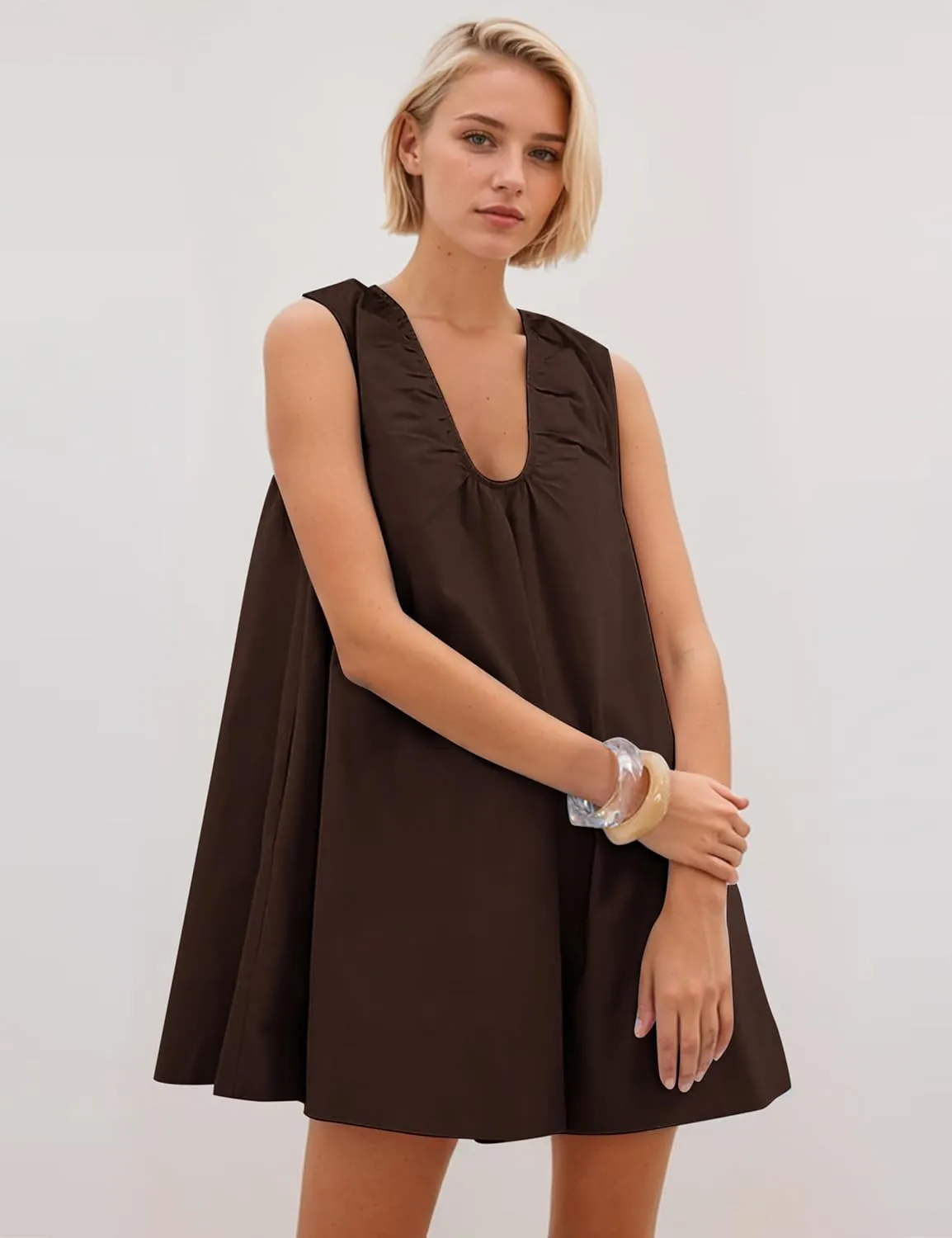 Womens Preppy Babydoll Tank Mini Dress Scoop Neck Short Sundress Loose Ruched U Neck Summer Party Dresse with Pockets