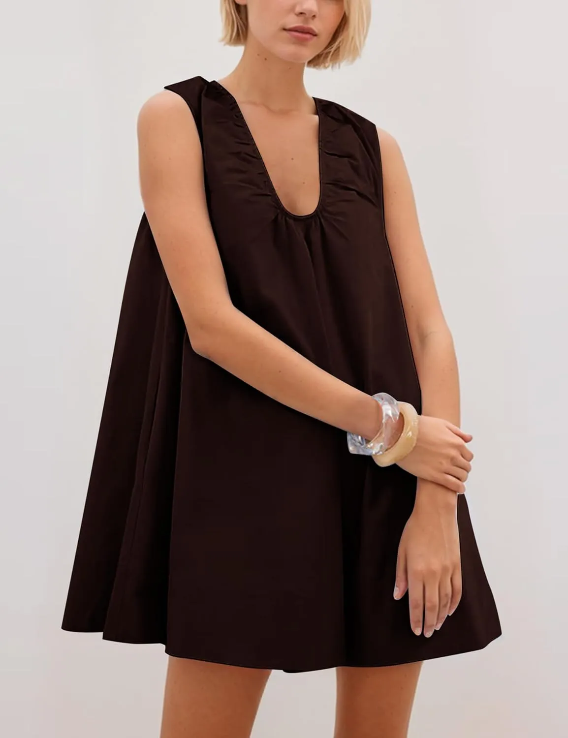 Womens Preppy Babydoll Tank Mini Dress Scoop Neck Short Sundress Loose Ruched U Neck Summer Party Dresse with Pockets