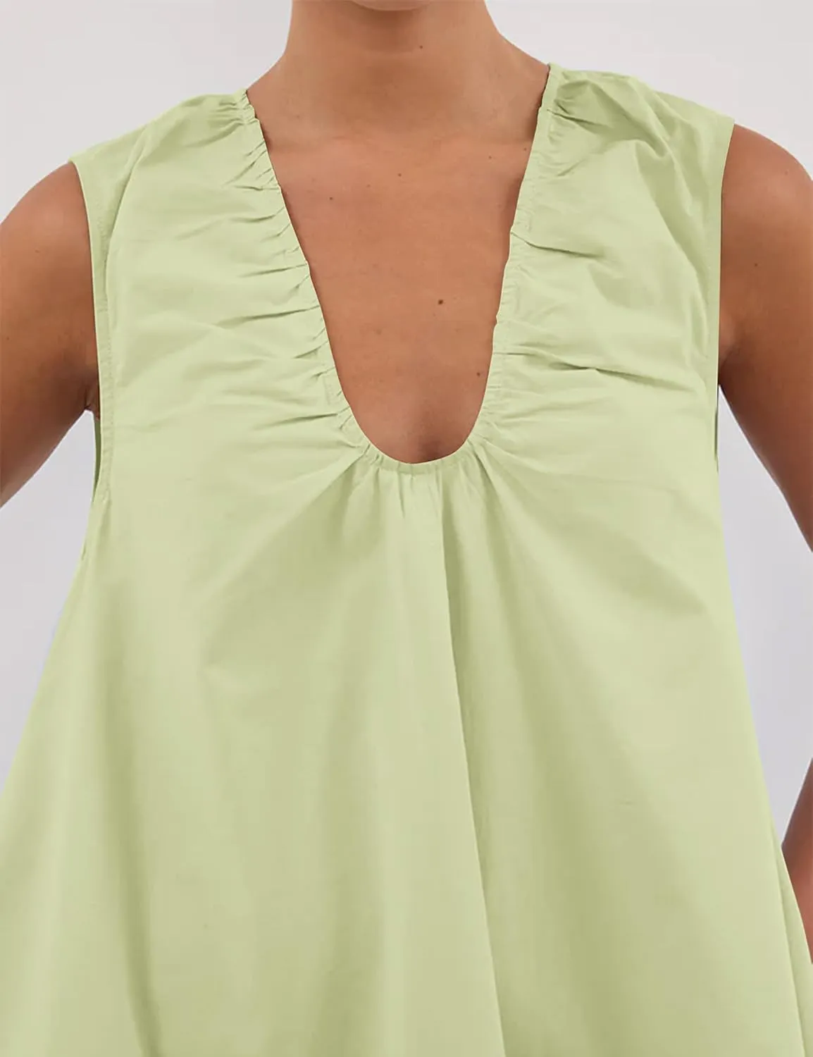 Womens Preppy Babydoll Tank Mini Dress Scoop Neck Short Sundress Loose Ruched U Neck Summer Party Dresse with Pockets