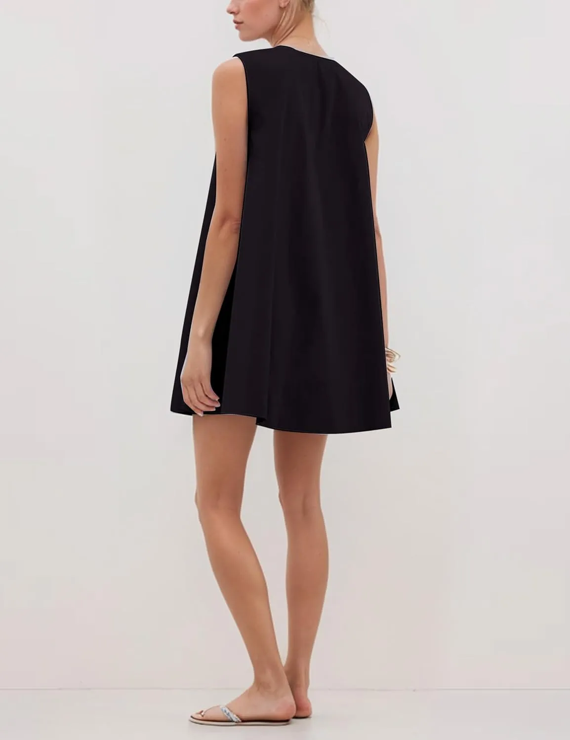 Womens Preppy Babydoll Tank Mini Dress Scoop Neck Short Sundress Loose Ruched U Neck Summer Party Dresse with Pockets