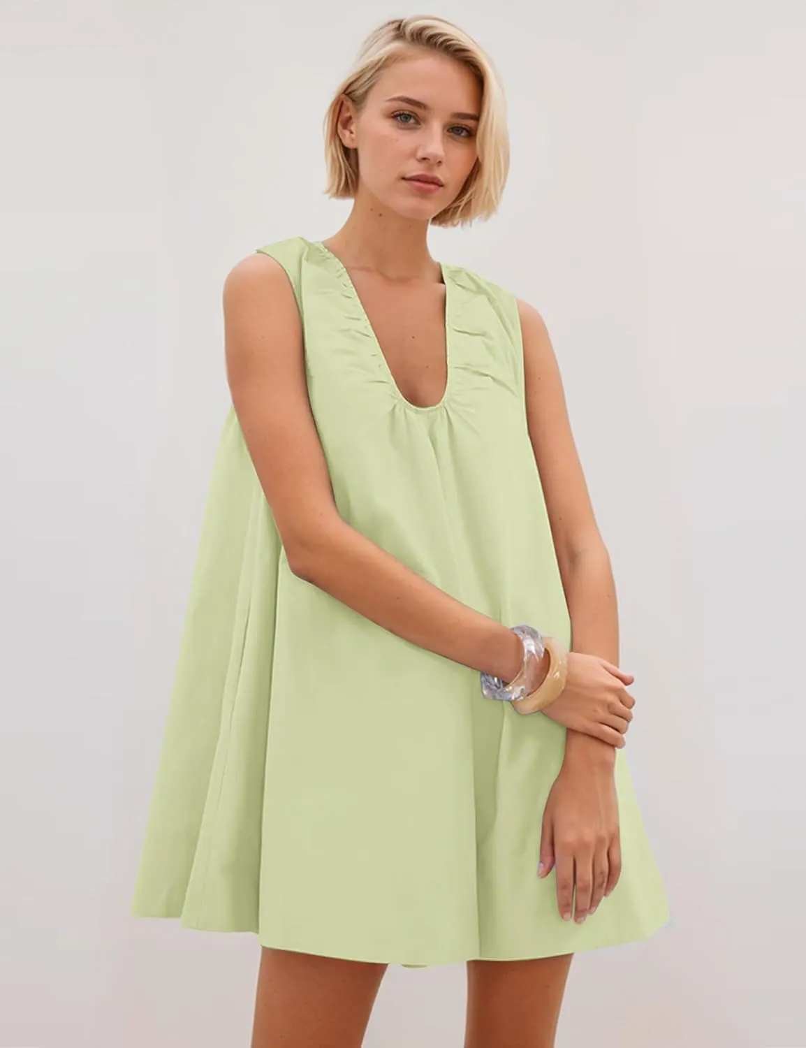 Womens Preppy Babydoll Tank Mini Dress Scoop Neck Short Sundress Loose Ruched U Neck Summer Party Dresse with Pockets