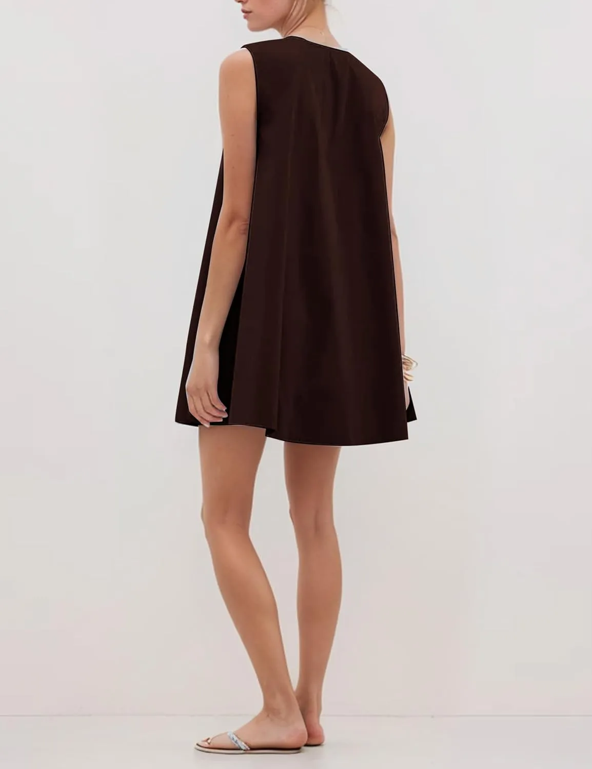 Womens Preppy Babydoll Tank Mini Dress Scoop Neck Short Sundress Loose Ruched U Neck Summer Party Dresse with Pockets