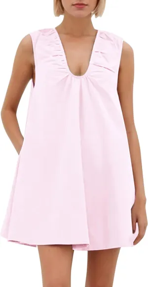 Womens Preppy Babydoll Tank Mini Dress Scoop Neck Short Sundress Loose Ruched U Neck Summer Party Dresse with Pockets