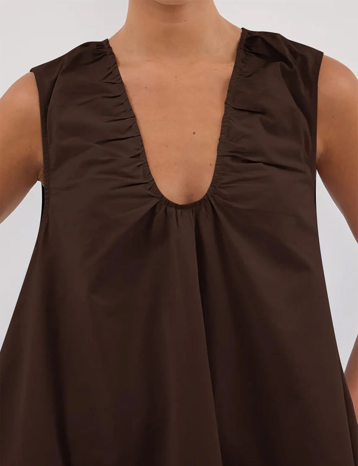 Womens Preppy Babydoll Tank Mini Dress Scoop Neck Short Sundress Loose Ruched U Neck Summer Party Dresse with Pockets