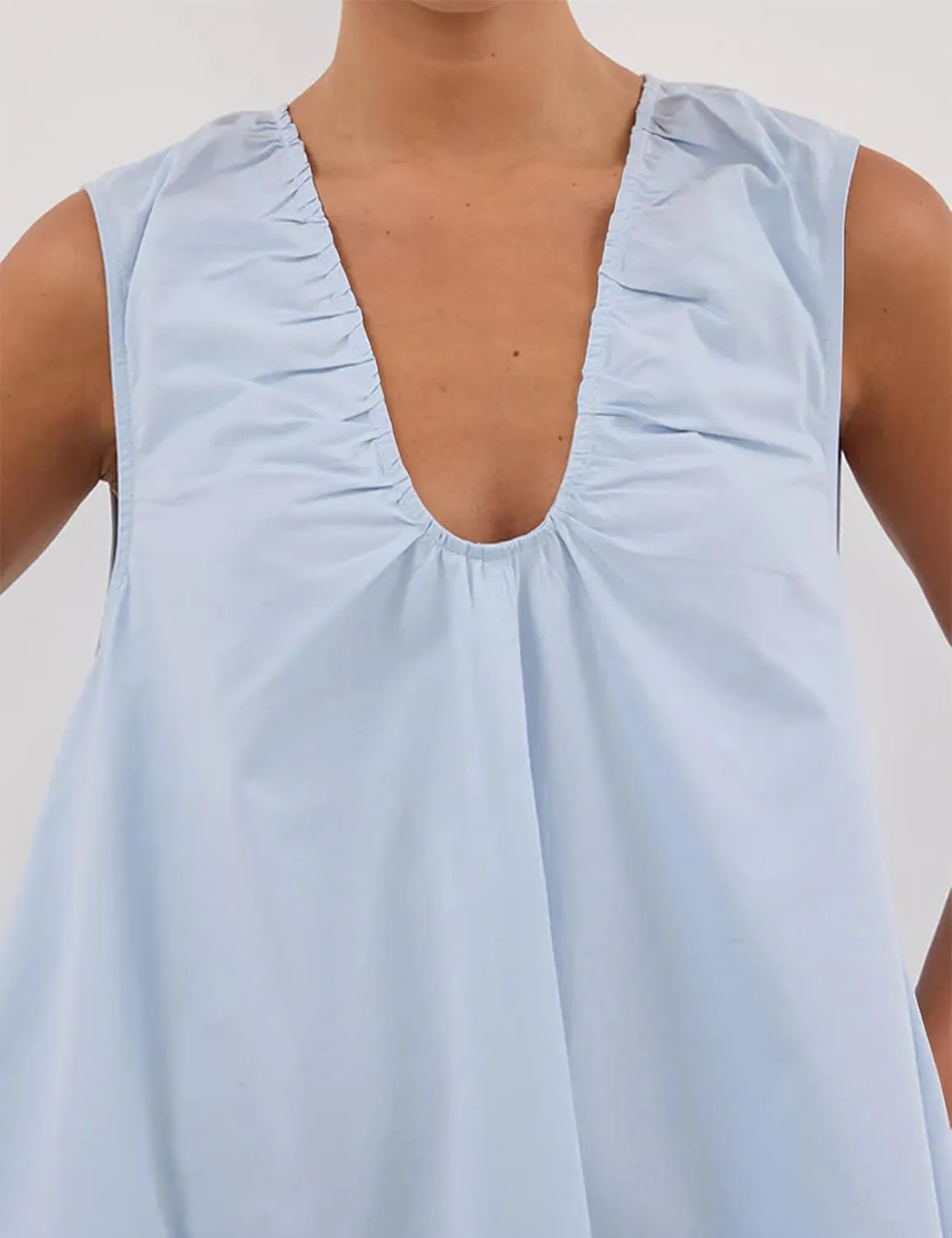 Womens Preppy Babydoll Tank Mini Dress Scoop Neck Short Sundress Loose Ruched U Neck Summer Party Dresse with Pockets