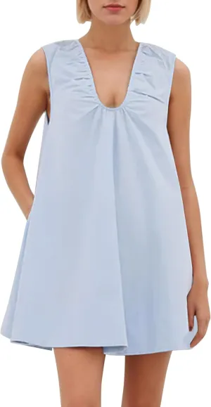 Womens Preppy Babydoll Tank Mini Dress Scoop Neck Short Sundress Loose Ruched U Neck Summer Party Dresse with Pockets