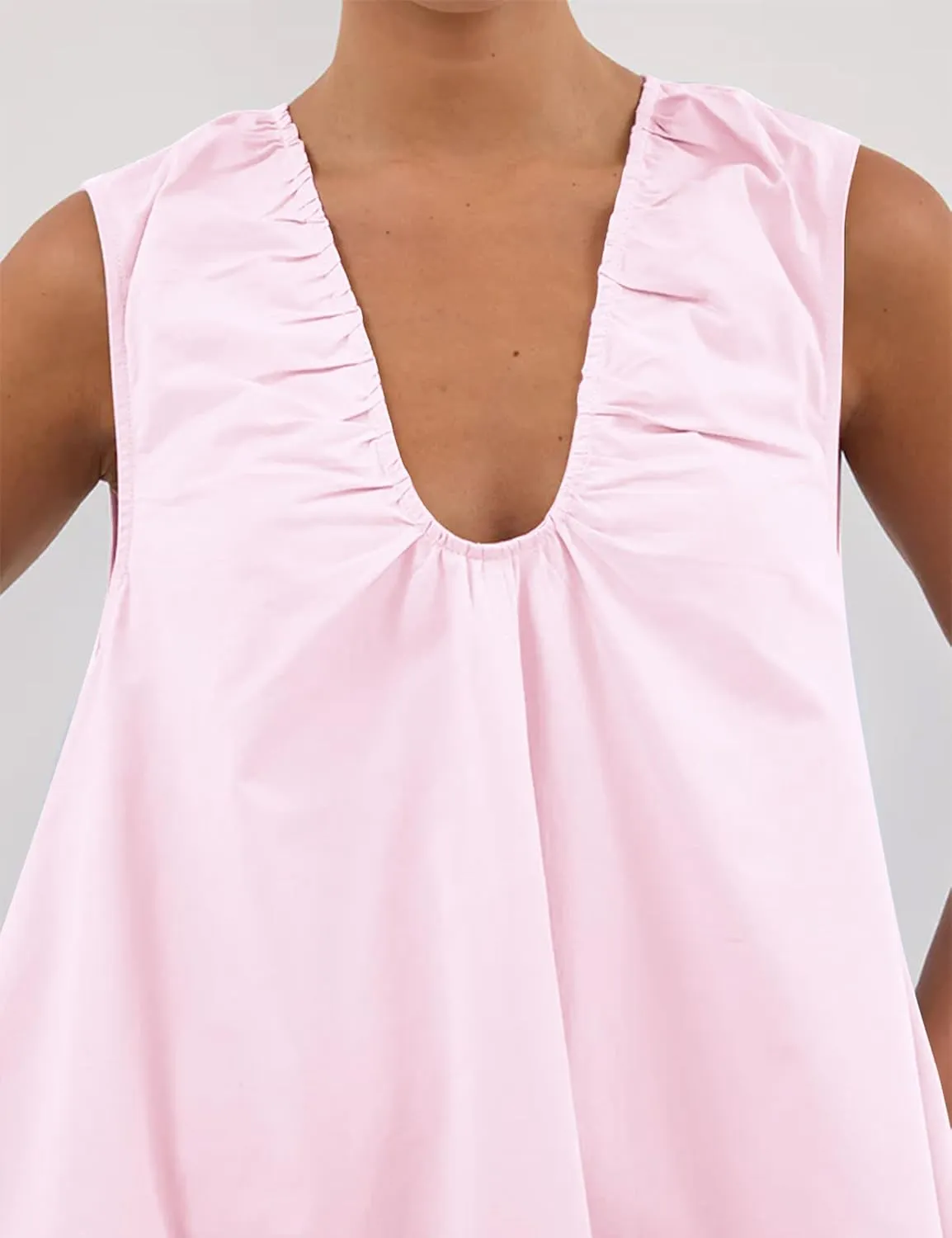 Womens Preppy Babydoll Tank Mini Dress Scoop Neck Short Sundress Loose Ruched U Neck Summer Party Dresse with Pockets