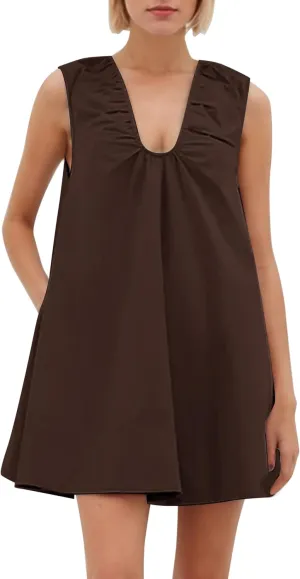 Womens Preppy Babydoll Tank Mini Dress Scoop Neck Short Sundress Loose Ruched U Neck Summer Party Dresse with Pockets