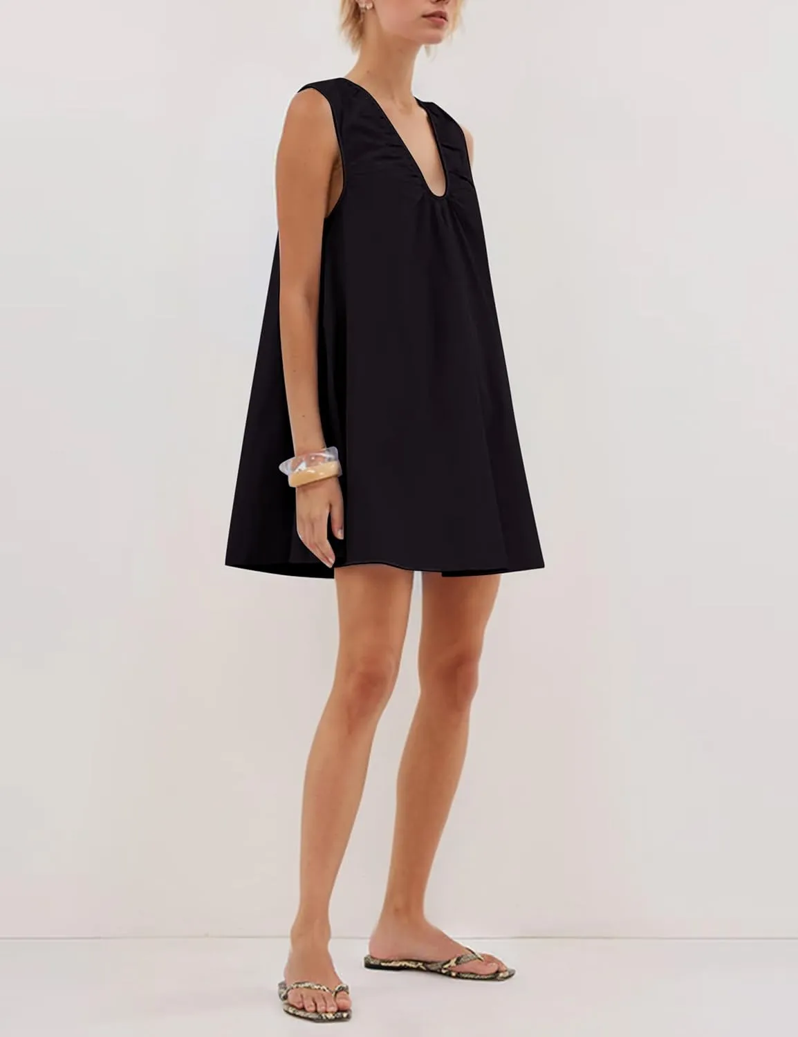 Womens Preppy Babydoll Tank Mini Dress Scoop Neck Short Sundress Loose Ruched U Neck Summer Party Dresse with Pockets