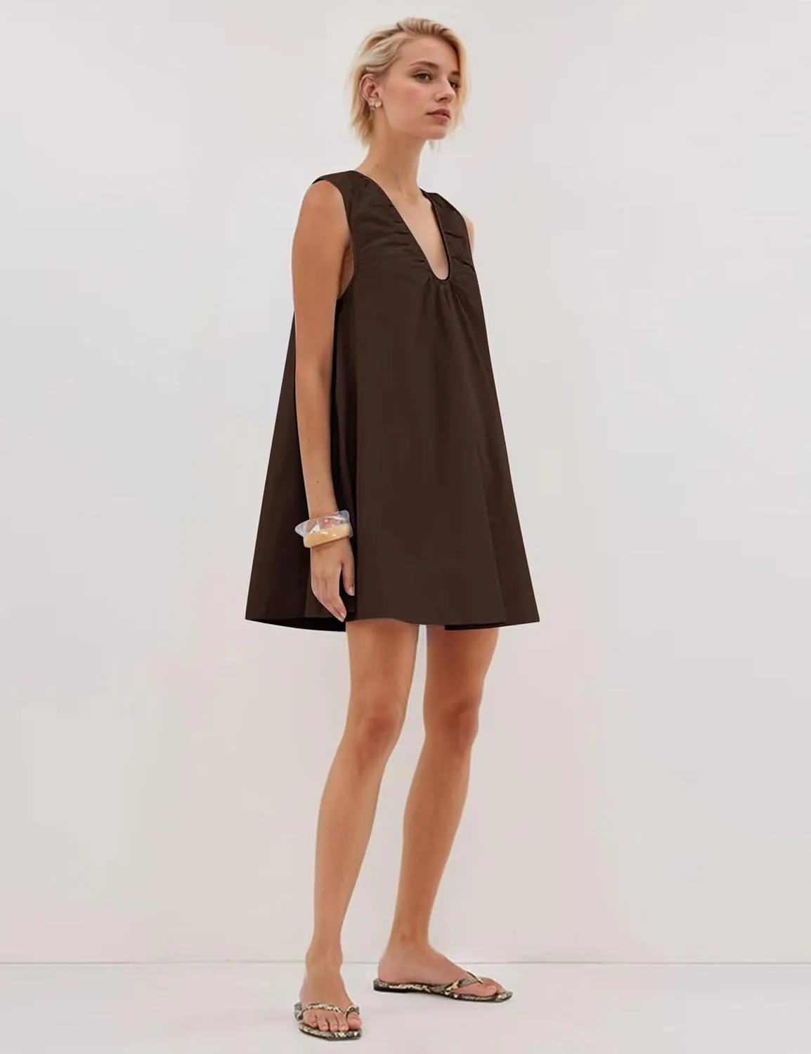 Womens Preppy Babydoll Tank Mini Dress Scoop Neck Short Sundress Loose Ruched U Neck Summer Party Dresse with Pockets