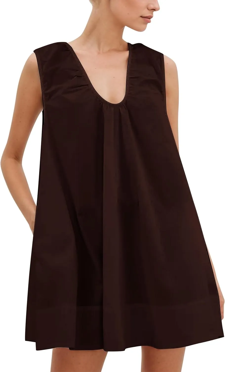 Womens Preppy Babydoll Tank Mini Dress Scoop Neck Short Sundress Loose Ruched U Neck Summer Party Dresse with Pockets